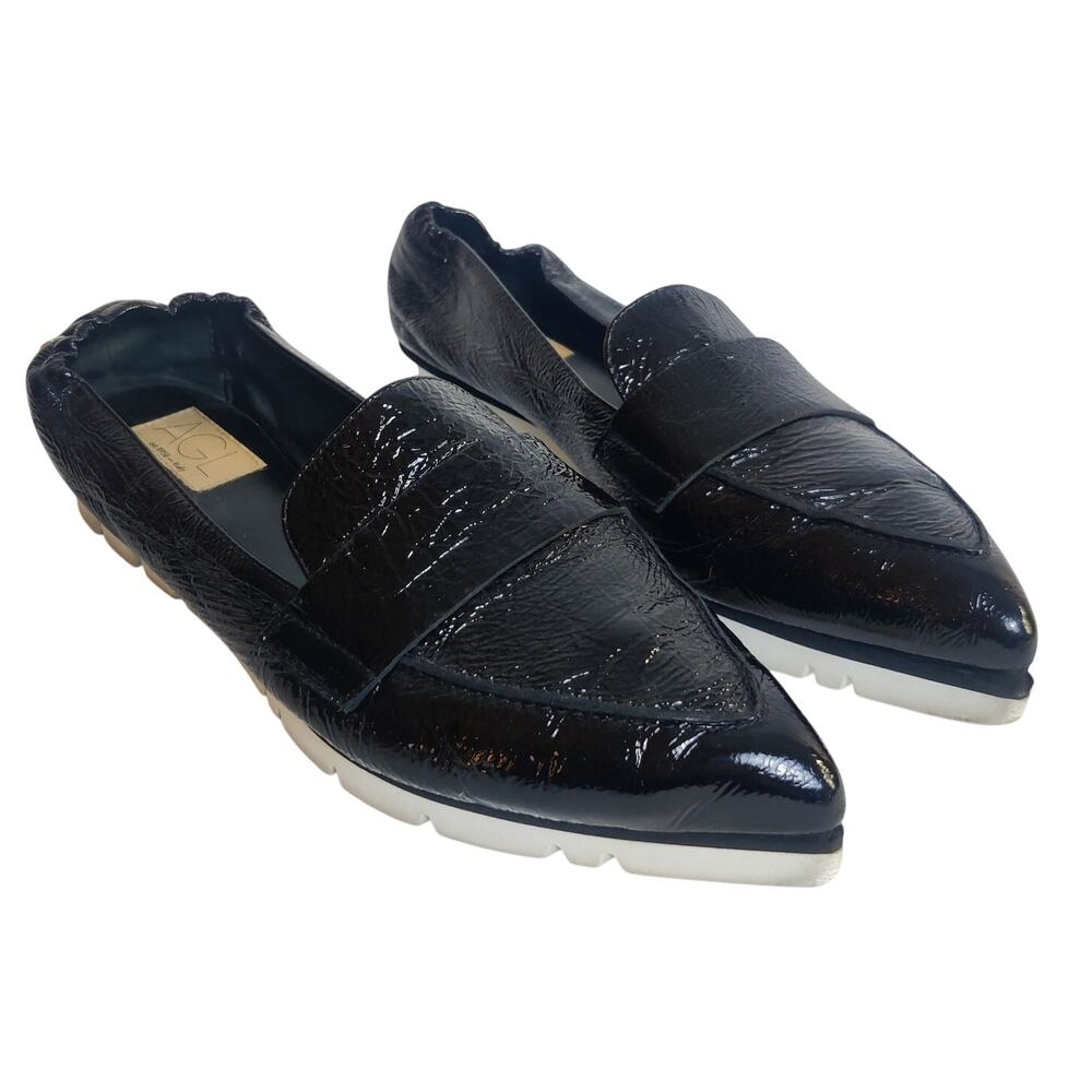 AGL Micro Pointed Toe Black Shiny Patent Leather Italian Loafers EU 41 US 11